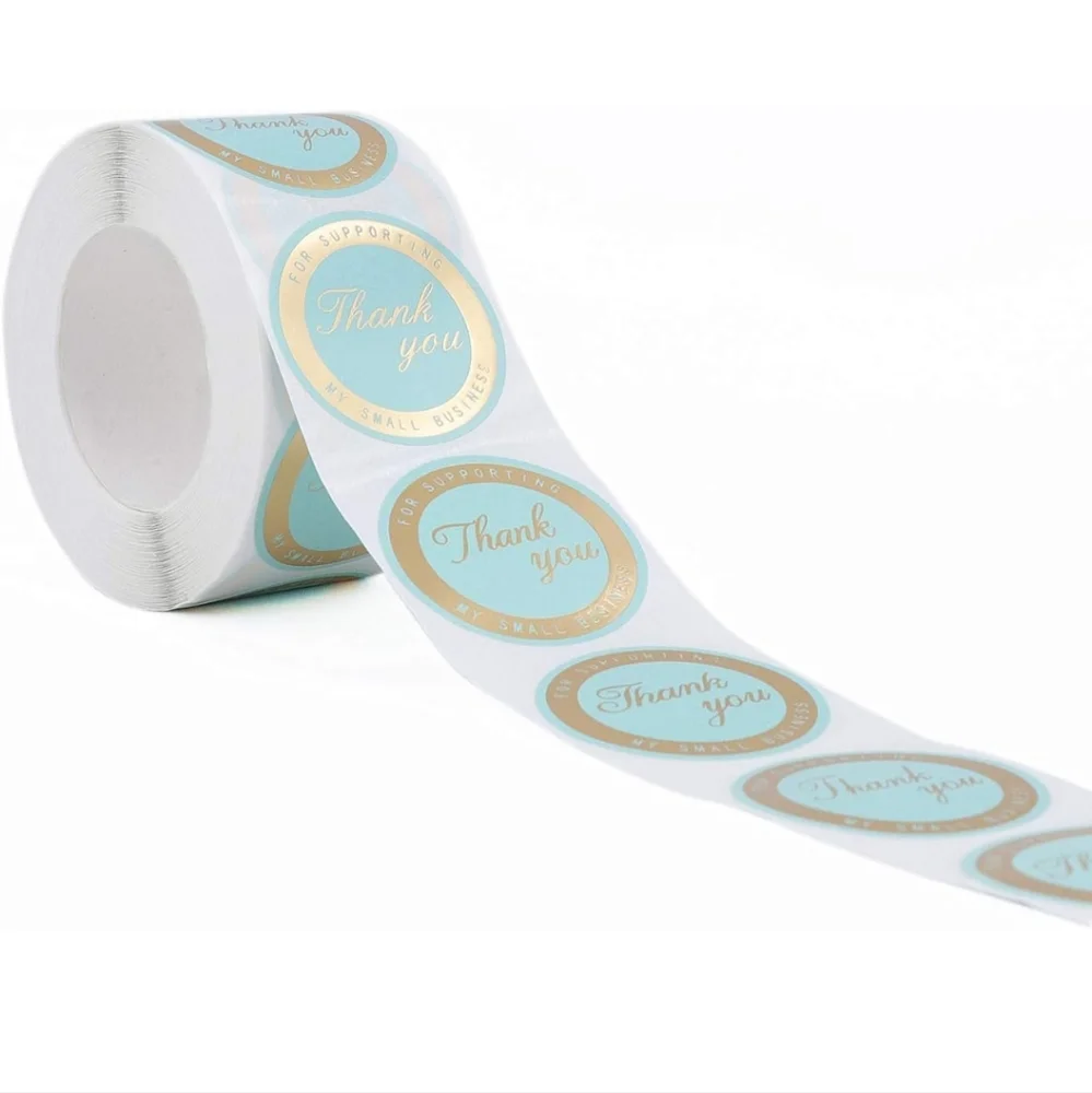50 pcs Mercei Thank You Stickers with Turquoise Background and Wide Matte Gold